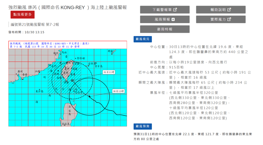 強烈颱風 康芮（國際命名 KONG REY ）海上陸上颱風警報