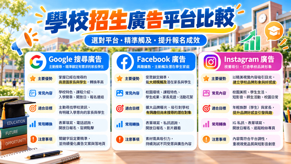 2026學校招生廣告怎麼做？私立高中、雙語學校、國際學校 Google／FB 招生策略與行銷預算完整攻略